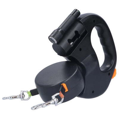 Dual Retractable Dog Leash w/ Light & Bag Dispenser